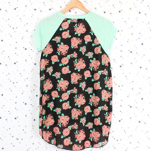 Floral Print Back Top Tee Mint Black - Picture 7 of 7
